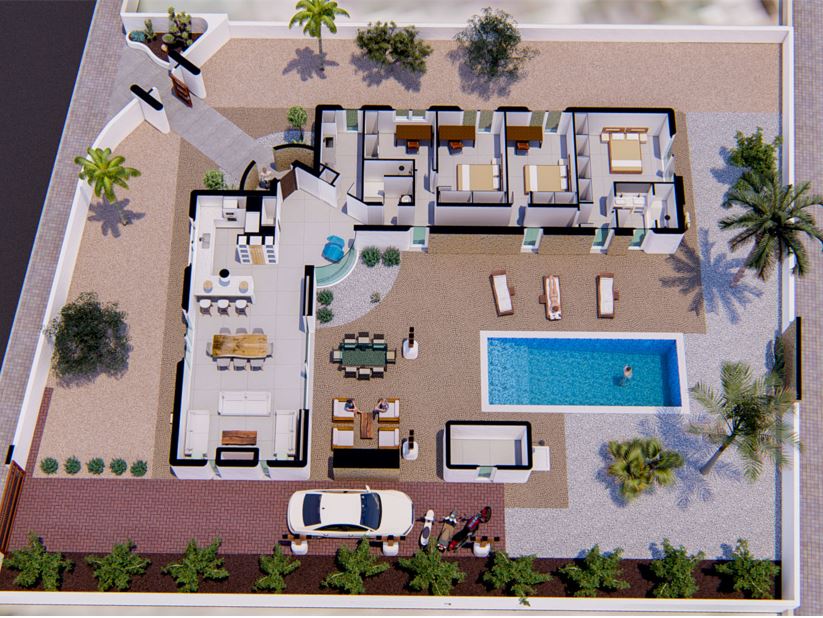 Plan 3D détaillé illustrant l'agencement de la villa, avec un espace de vie ouvert, trois chambres, une piscine privée et un parking extérieur aménagé.