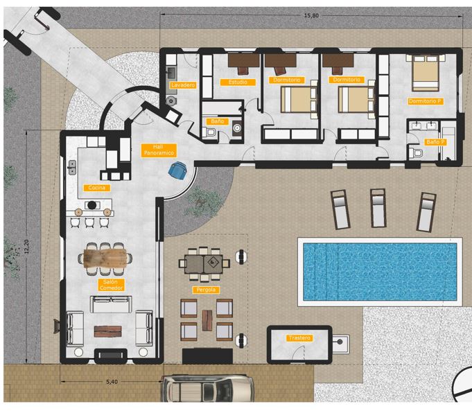 Plan d'architecte de la villa illustrant la disposition en L, comprenant trois chambres, un bureau et un espace de vie ouvert sur la terrasse et la piscine.