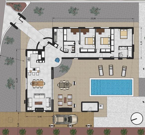 Plan d'architecte détaillé montrant la disposition en L de la villa avec trois chambres, un espace de vie ouvert, une piscine et une zone de stationnement.