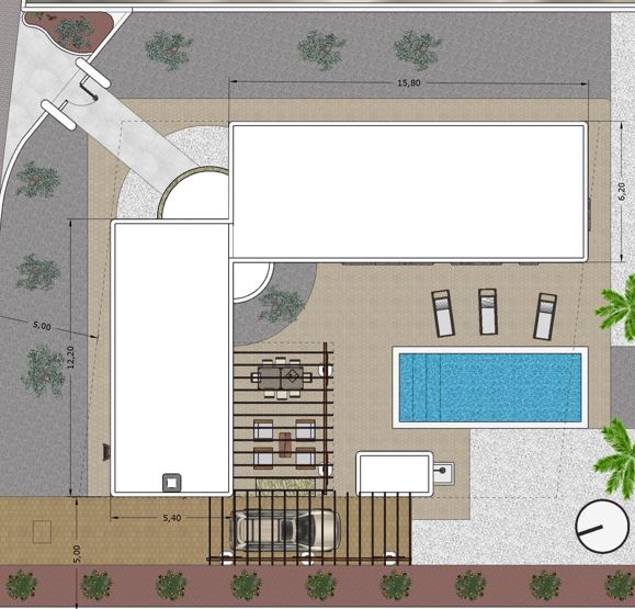 Plan de masse technique détaillant la piscine rectangulaire, les salons extérieurs sous pergolas, l'aire de stationnement et les dimensions du bâtiment.