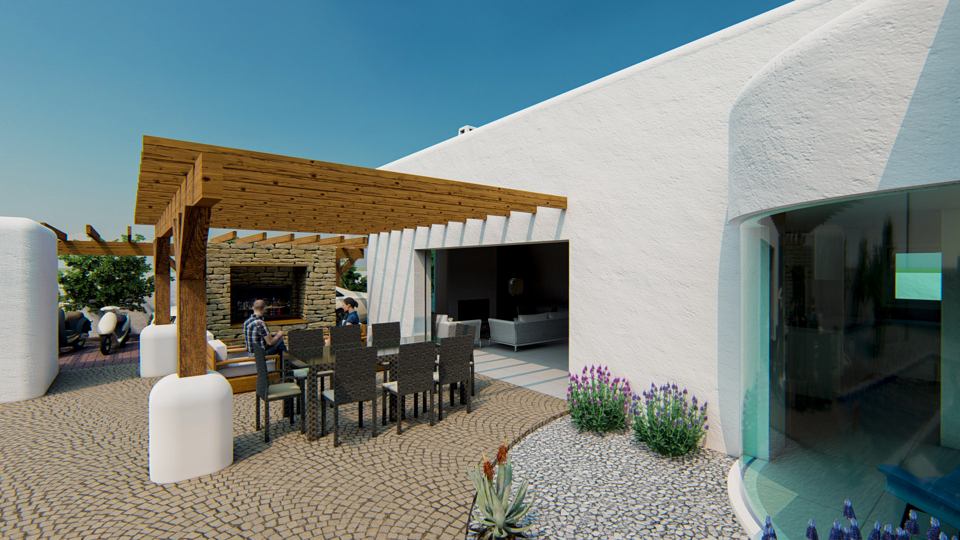 Terrasse extérieure avec pergola en bois, coin repas sur pavés et accès direct au salon par une large baie vitrée coulissante.
