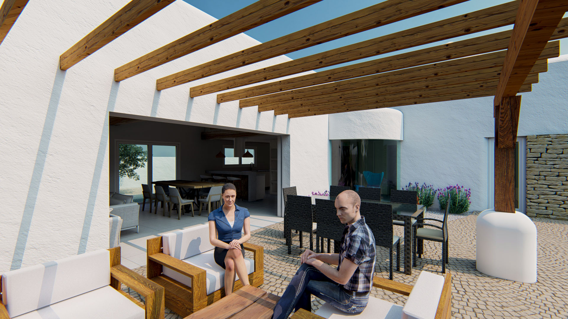 Terrasse extérieure avec pergola en poutres de bois, salon de jardin en bois et espace dînatoire sur pavés, offrant une transition fluide vers la cuisine intérieure.