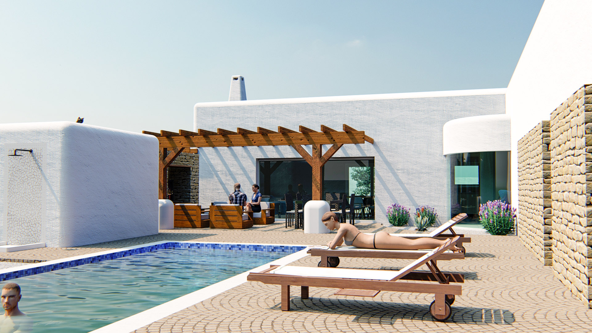 Terrasse extérieure avec piscine en mosaïque bleue, pergola en bois et sol en pavés. Architecture de style ibicenco avec murs blancs texturés et détails en pierre naturelle.