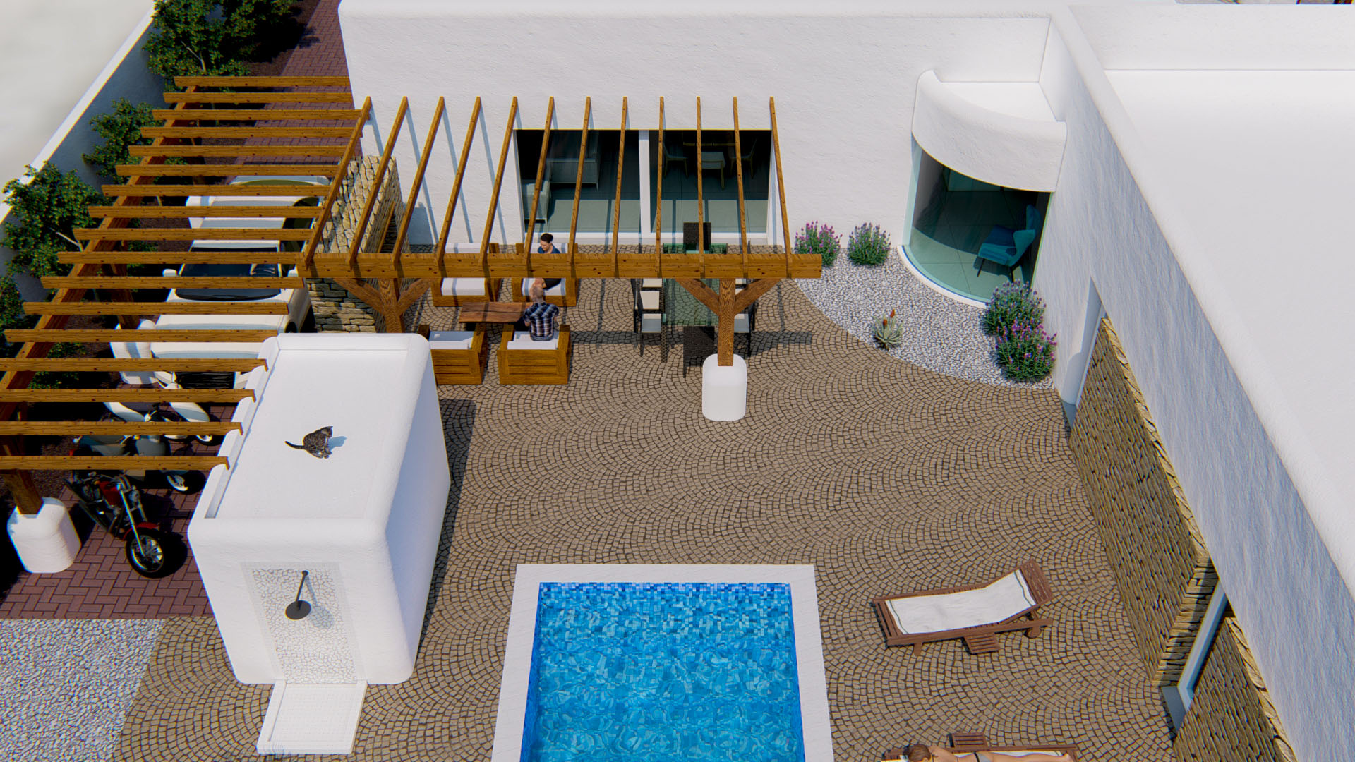 Vue aérienne de la cour avec pavés, piscine en mosaïque bleue, pergolas en bois pour la détente et espace de stationnement couvert pour véhicules.