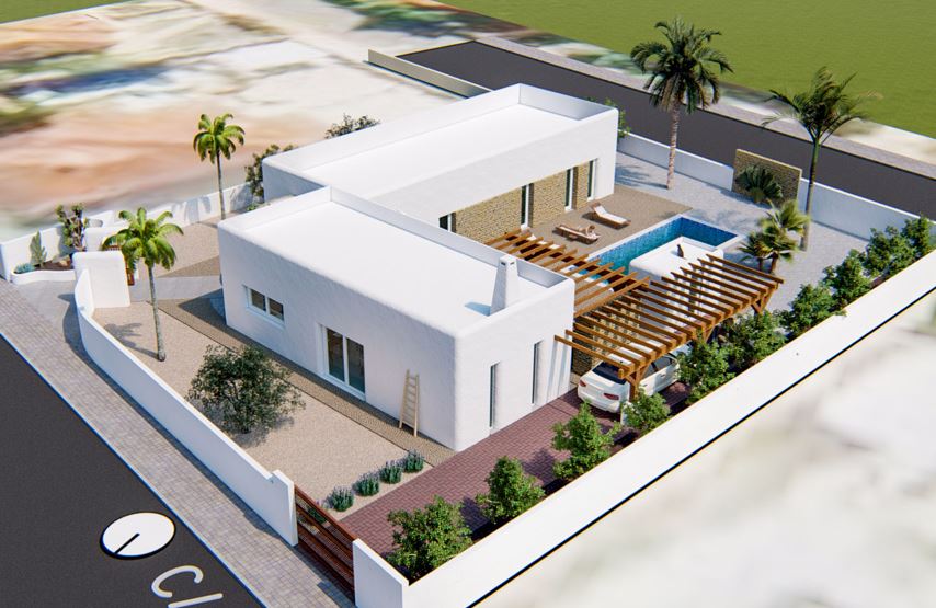 Vue aérienne de la villa de style Ibiza avec façade blanche, piscine privée, pergolas en bois et jardin méditerranéen paysager.