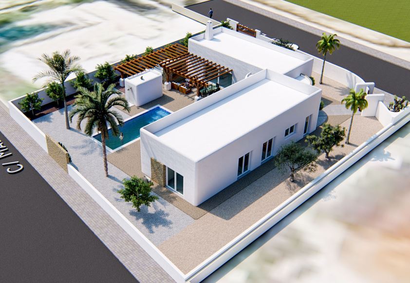 Vue aérienne de la villa de style Ibiza présentant une structure blanche en L, une piscine rectangulaire, une pergola en bois et un jardin.
