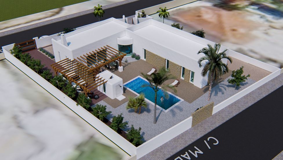 Vue aérienne de la villa de style ibizien avec façades blanches, accents en pierre, piscine rectangulaire et pergolas en bois sur un terrain privé clôturé.