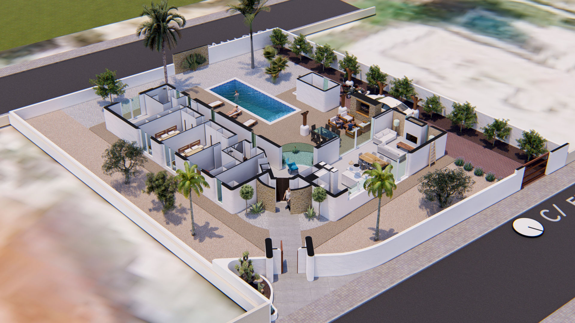 Vue aérienne en 3D illustrant l'agencement de la villa, avec sa piscine centrale, ses jardins paysagers et la disposition des espaces de vie intérieurs.