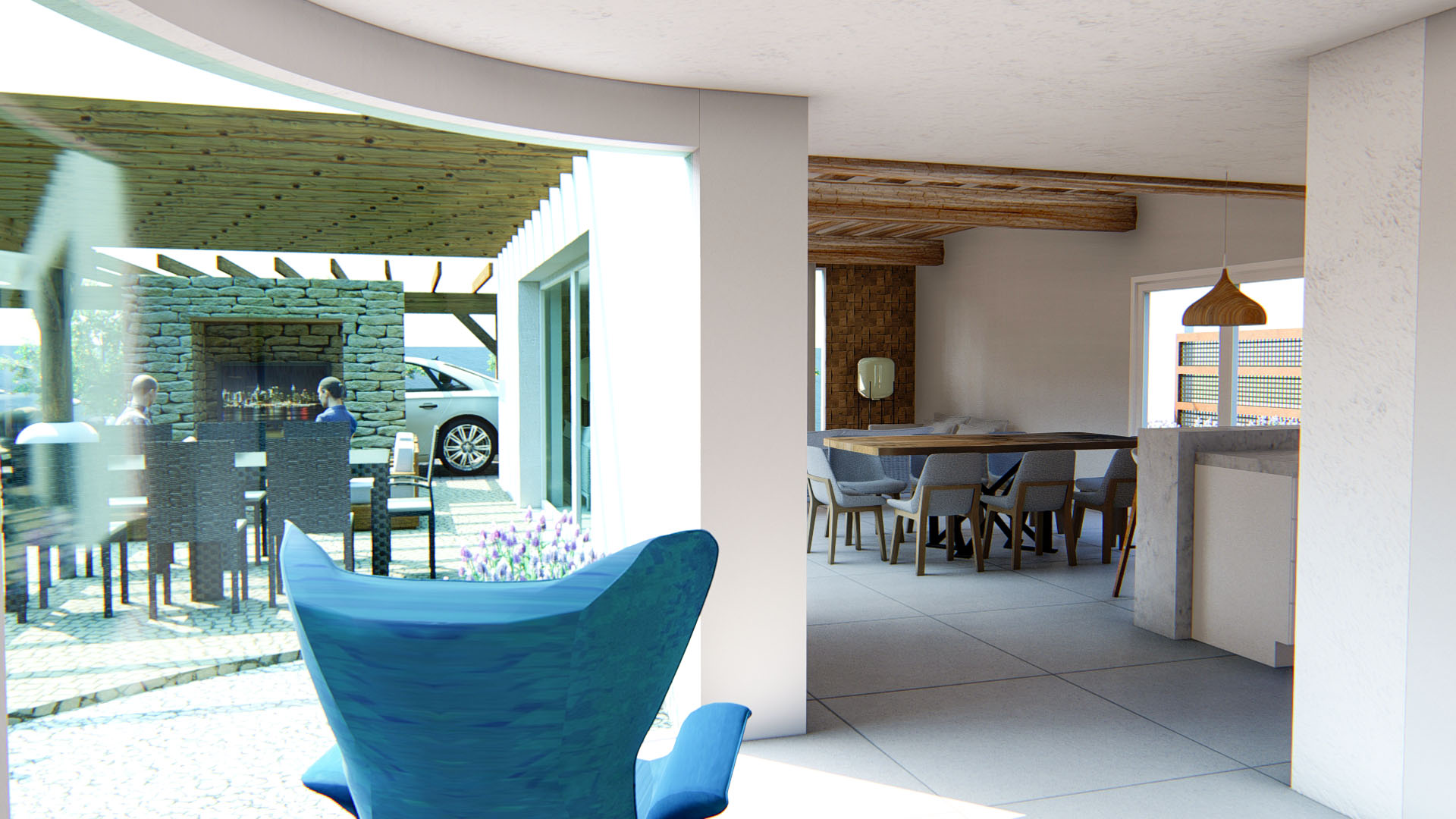 Vue de la salle à manger avec poutres apparentes, s'ouvrant sur une terrasse extérieure dotée d'une pergola en bois et d'un mur en pierre naturelle.