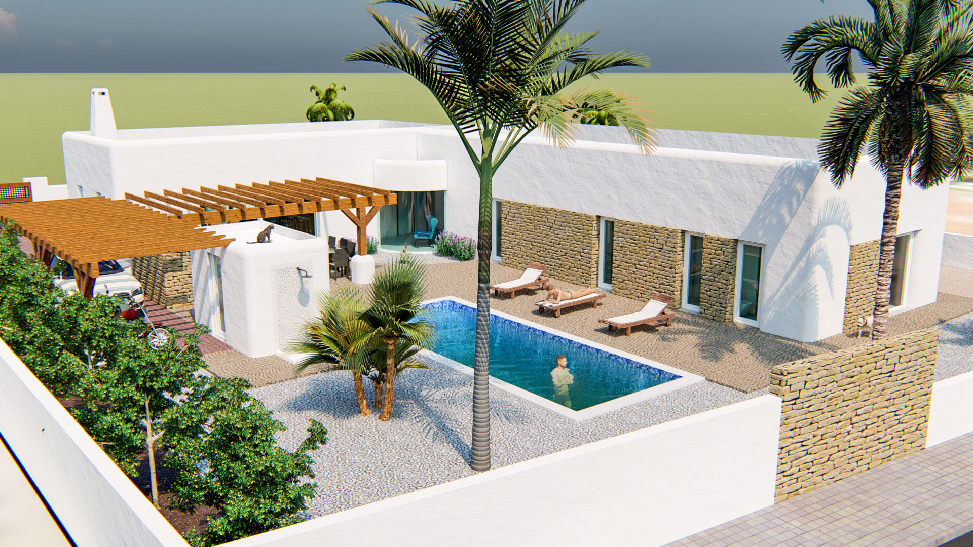 Vue extérieure de la villa avec piscine rectangulaire, terrasse en pierre et pergola en bois. La façade blanche intègre des murs en pierre naturelle et des palmiers.