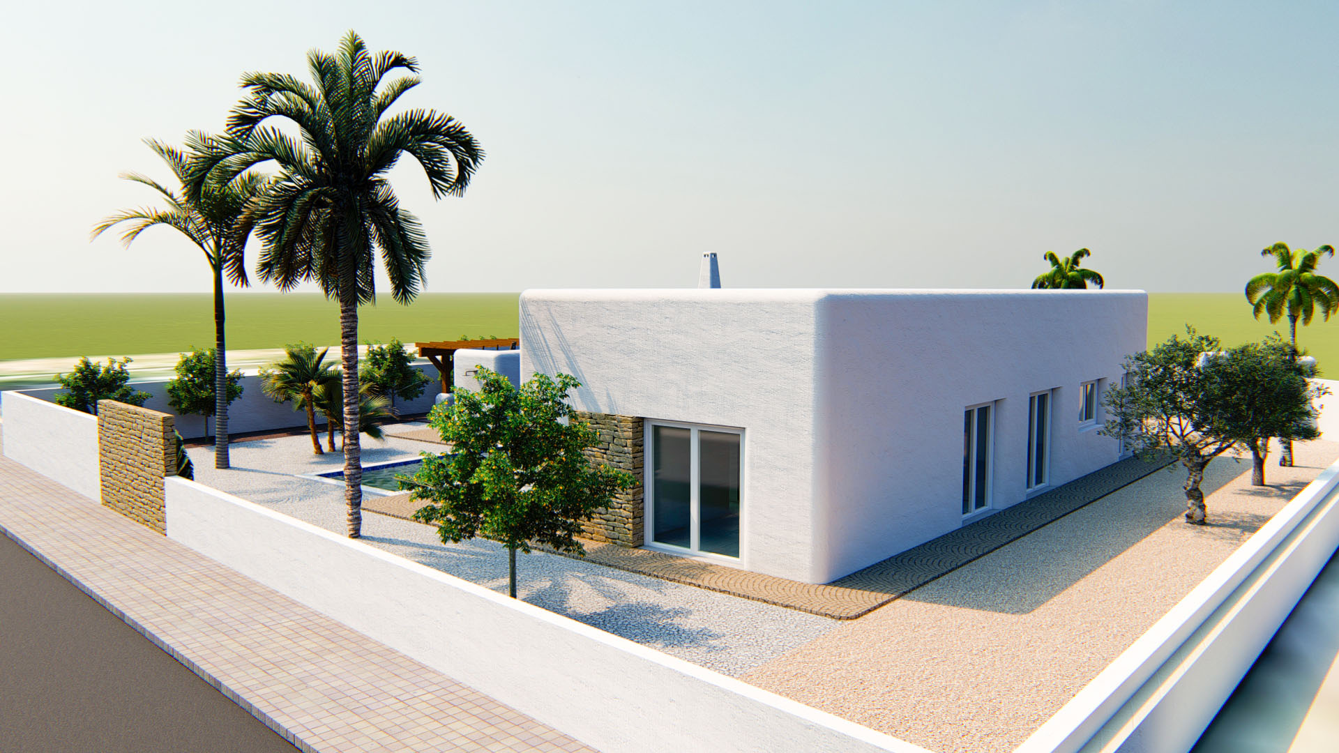 Vue extérieure de la villa de style ibizien avec façade blanche texturée, détails en pierre naturelle et jardin méditerranéen planté de palmiers et d'oliviers.