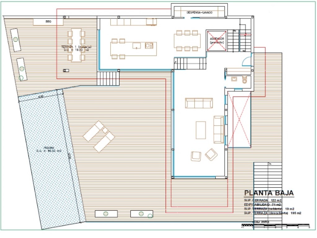 Plan détaillé du niveau principal illustrant le séjour, la cuisine avec îlot et une vaste terrasse avec piscine et espace barbecue extérieur.
