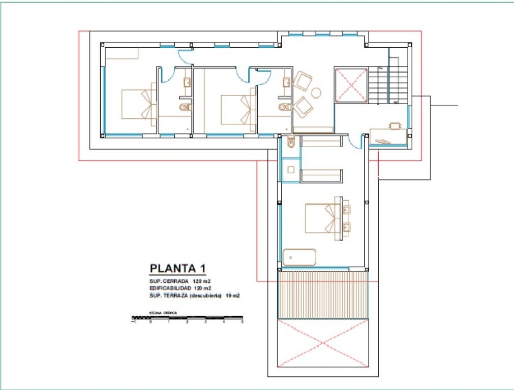 Plan technique du premier étage présentant la disposition de trois chambres avec salles de bains attenantes, un coin bureau et l'accès à la terrasse.