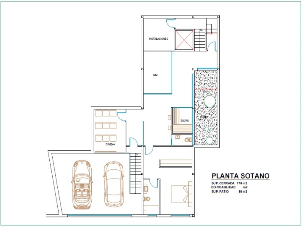 Plan technique du sous-sol illustrant l'agencement du double garage, du cinéma, de la salle de sport, du sauna et d'une chambre en suite.