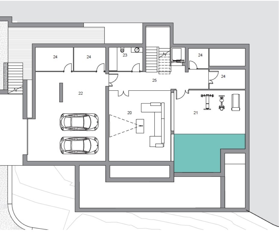 Plan d'architecte du niveau inférieur comprenant un double garage, une salle de cinéma, une salle de sport avec bassin et divers espaces de rangement.