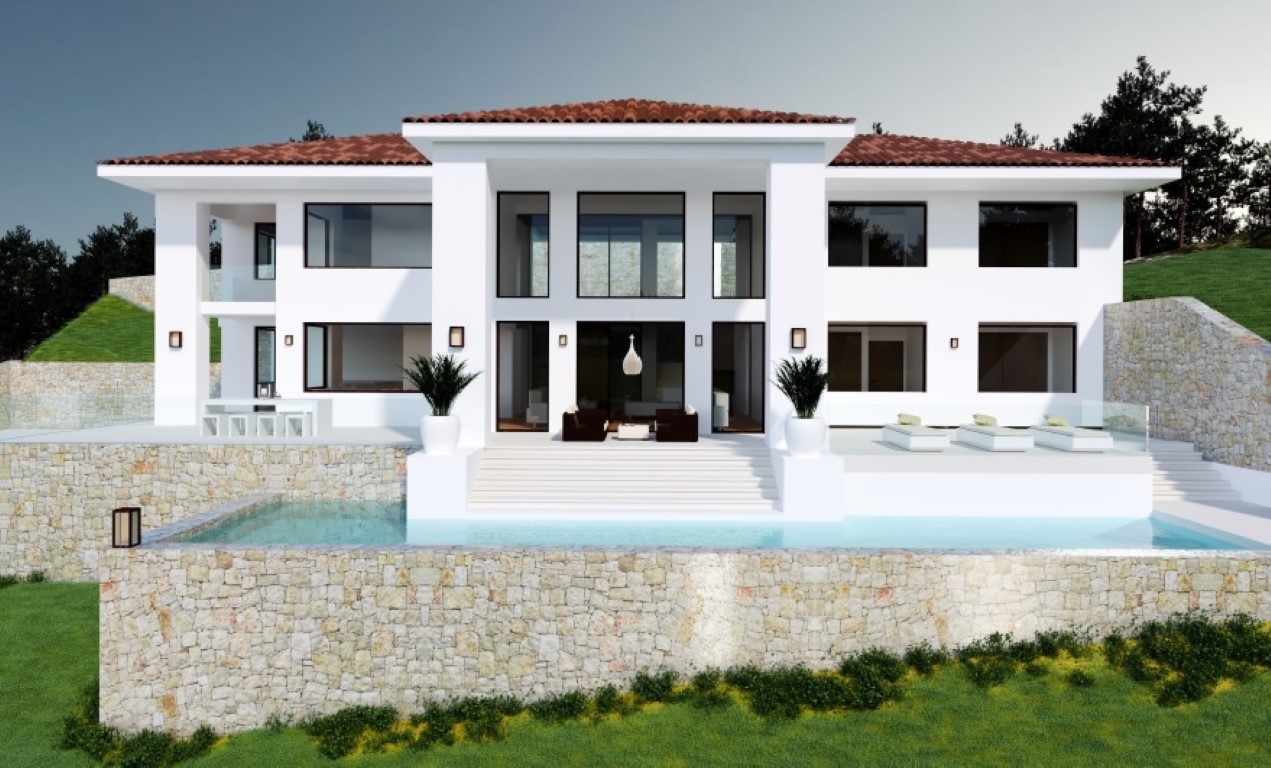 Villa blanche moderne avec de grandes baies vitrées, une piscine à débordement bordée de murs en pierre naturelle et des terrasses spacieuses aménagées.