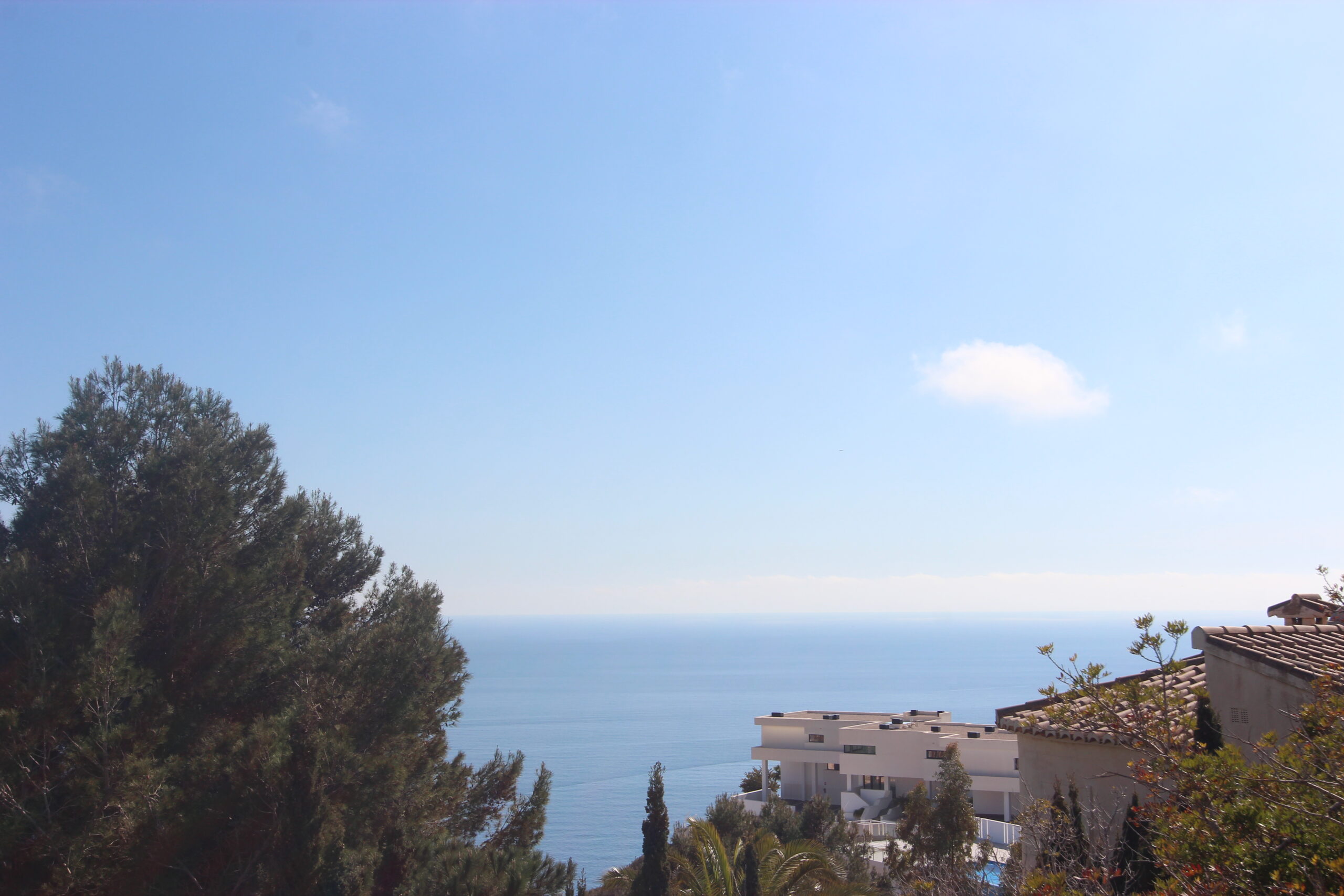 Vues panoramiques sur la Méditerranée depuis un point de vue surélevé, bordé de pins et de villas blanches contemporaines.