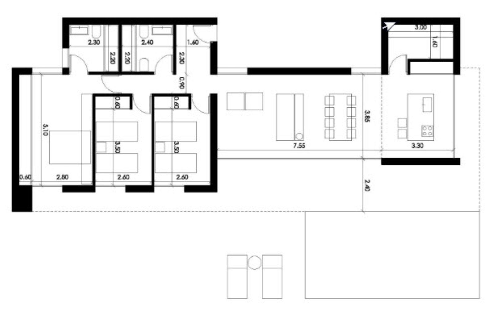 Plan d'architecte détaillé illustrant la disposition des trois chambres, du séjour ouvert et de la terrasse extérieure avec les mesures de la piscine.