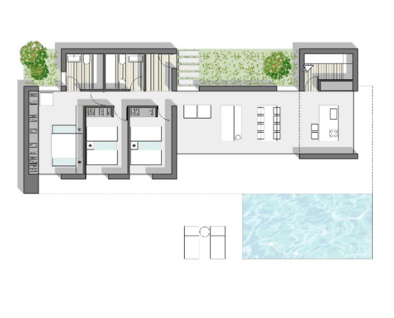 Plan d'architecte détaillé montrant la distribution de plain-pied avec trois chambres, un espace de vie ouvert, une cuisine équipée et une terrasse avec piscine.