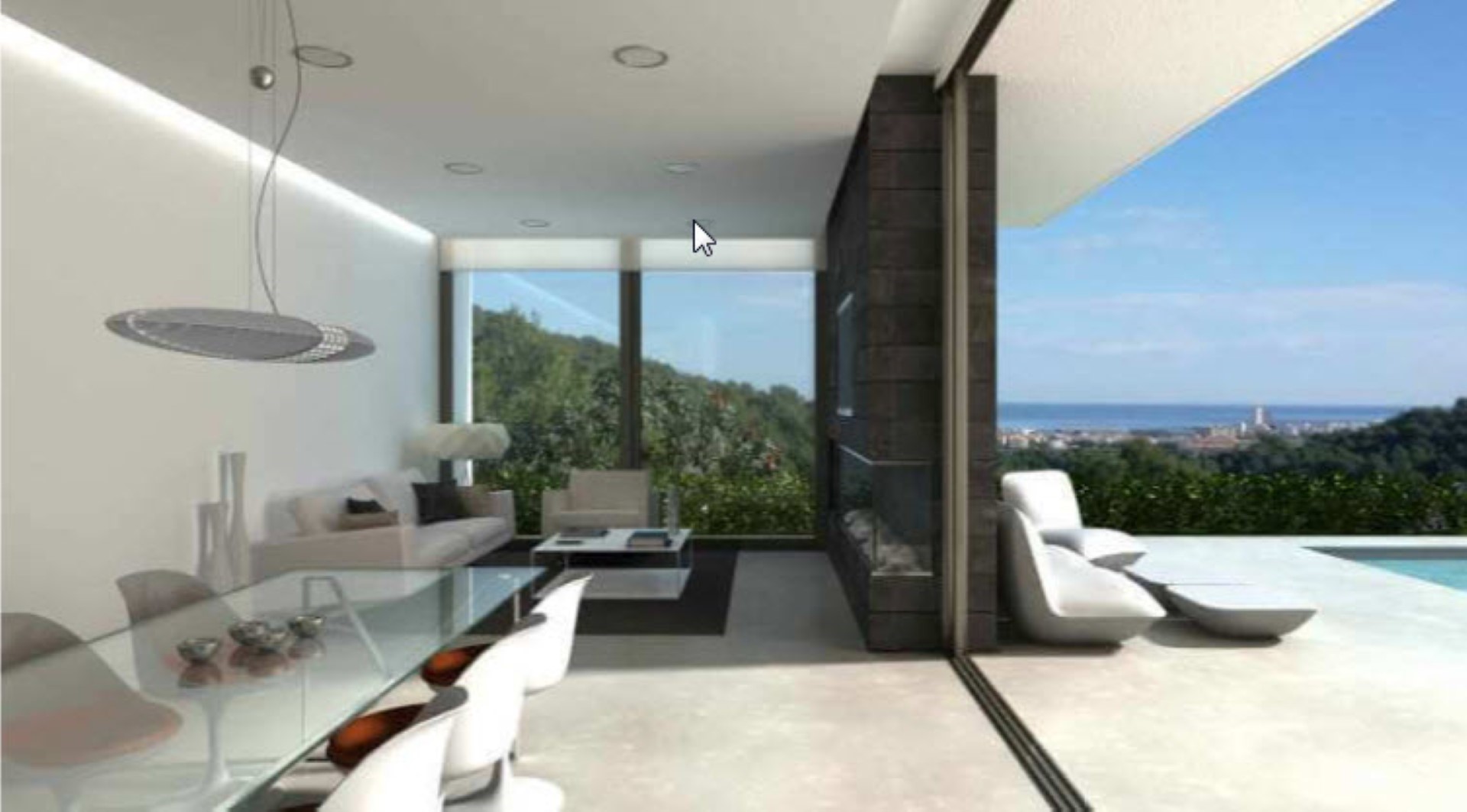 Séjour ouvert avec baies vitrées toute hauteur, cheminée en pierre sombre et terrasse offrant une vue panoramique sur la mer et la piscine.