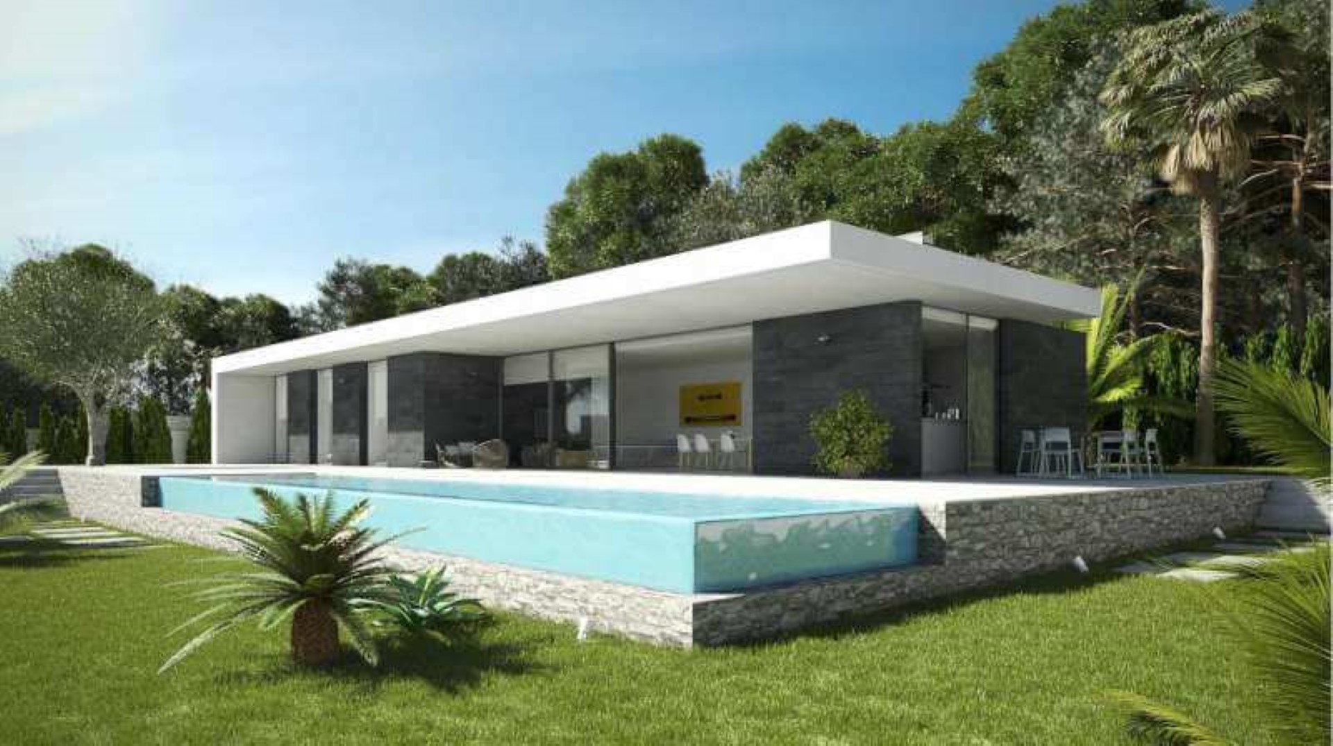 Villa contemporaine de plain-pied avec piscine à débordement vitrée, façade en pierre sombre et grandes baies vitrées s'ouvrant sur un jardin arboré.