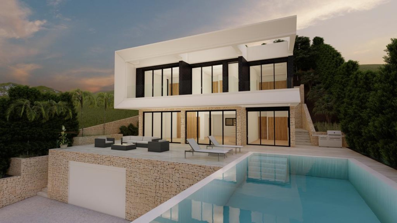 Extérieur d'une villa moderne avec piscine à débordement, murs en pierre naturelle, grandes baies vitrées et terrasse aménagée avec salon et espace barbecue.