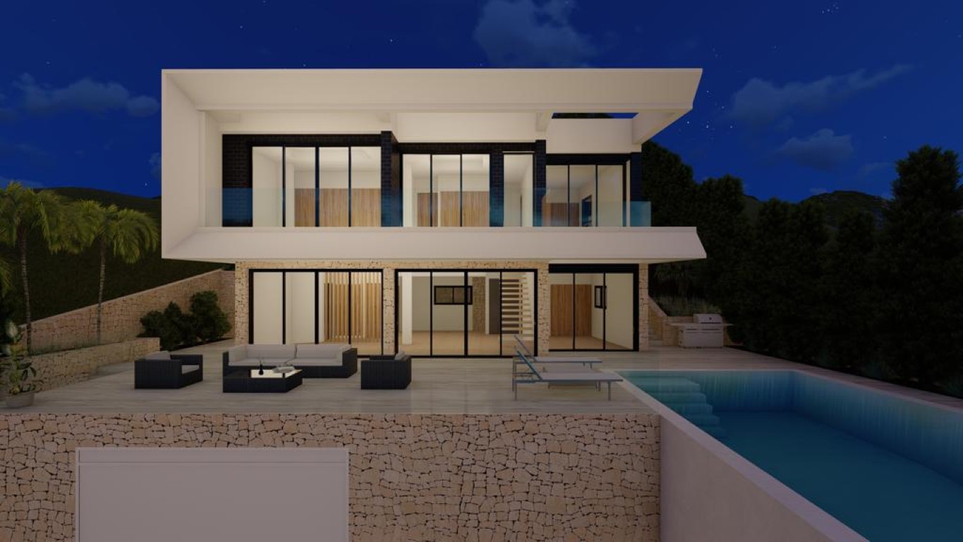 Façade arrière illuminée avec piscine à débordement, murs en pierre sèche et baies vitrées reliant le salon extérieur à l'intérieur moderne aux accents de bois.