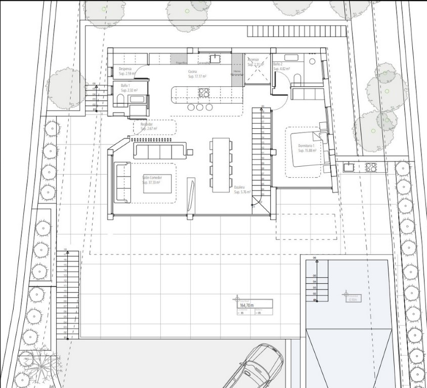 Plan d'architecte détaillé du niveau principal incluant un espace de vie ouvert, une cuisine avec îlot, une chambre en suite et une grande terrasse.