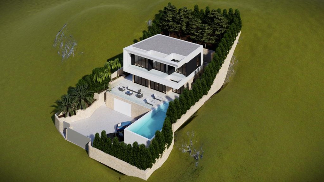 Rendu aérien d'une villa contemporaine aux lignes blanches et noires, dotée d'une piscine à débordement, de terrasses ensoleillées et d'un garage intégré.