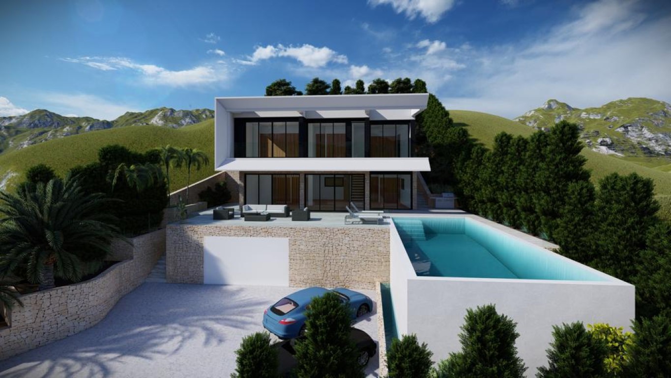Rendu extérieur d'une villa moderne avec piscine à débordement, baies vitrées et murs en pierre naturelle intégrés au relief d'Altea Hills.