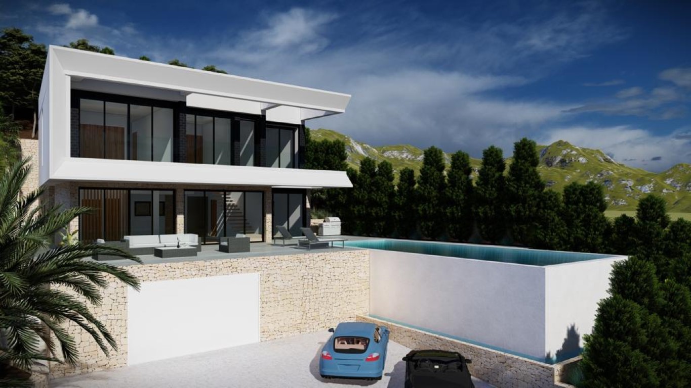 Rendu extérieur d'une villa moderne avec piscine à débordement, murs en pierre naturelle et grandes baies vitrées offrant une vue sur les montagnes.