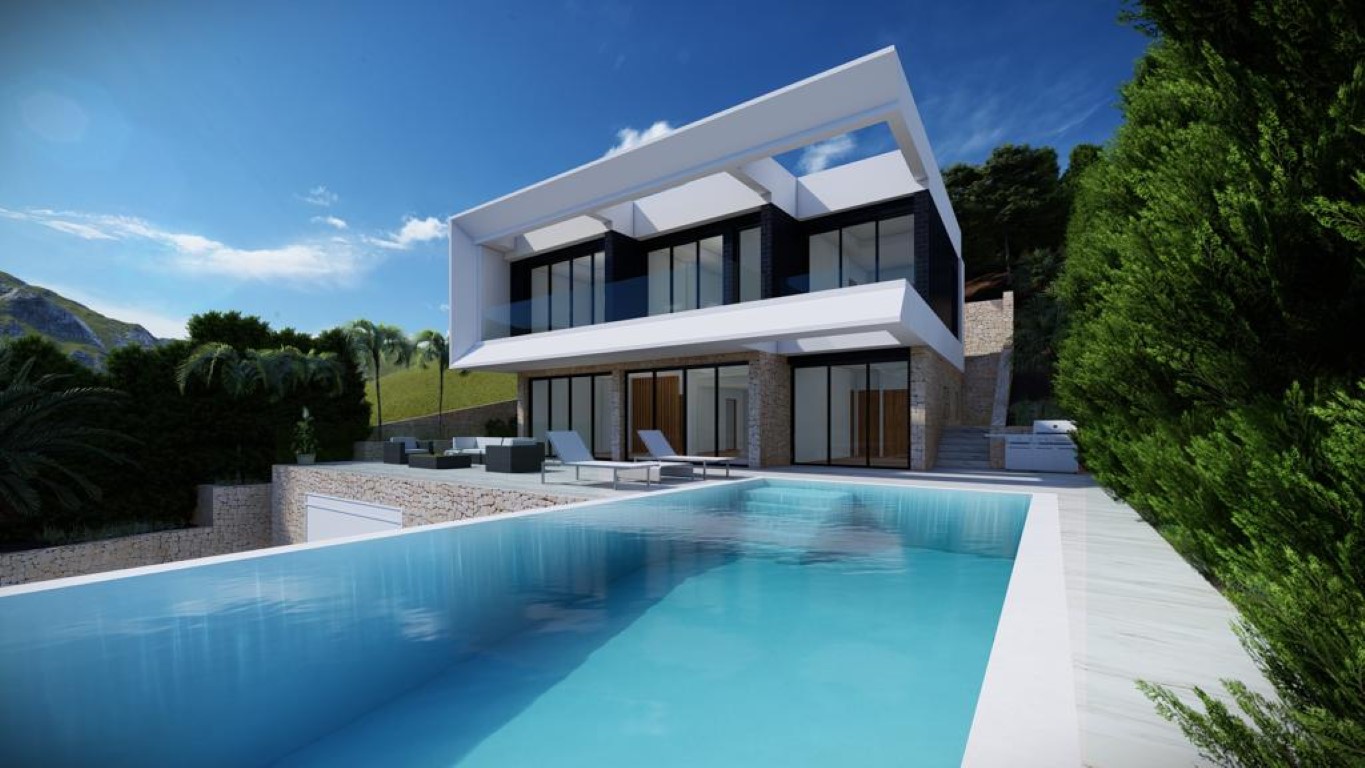 Villa au design moderne avec piscine à débordement de 60 m², façade en pierre naturelle et structure supérieure géométrique blanche avec baies vitrées et garde-corps en verre.
