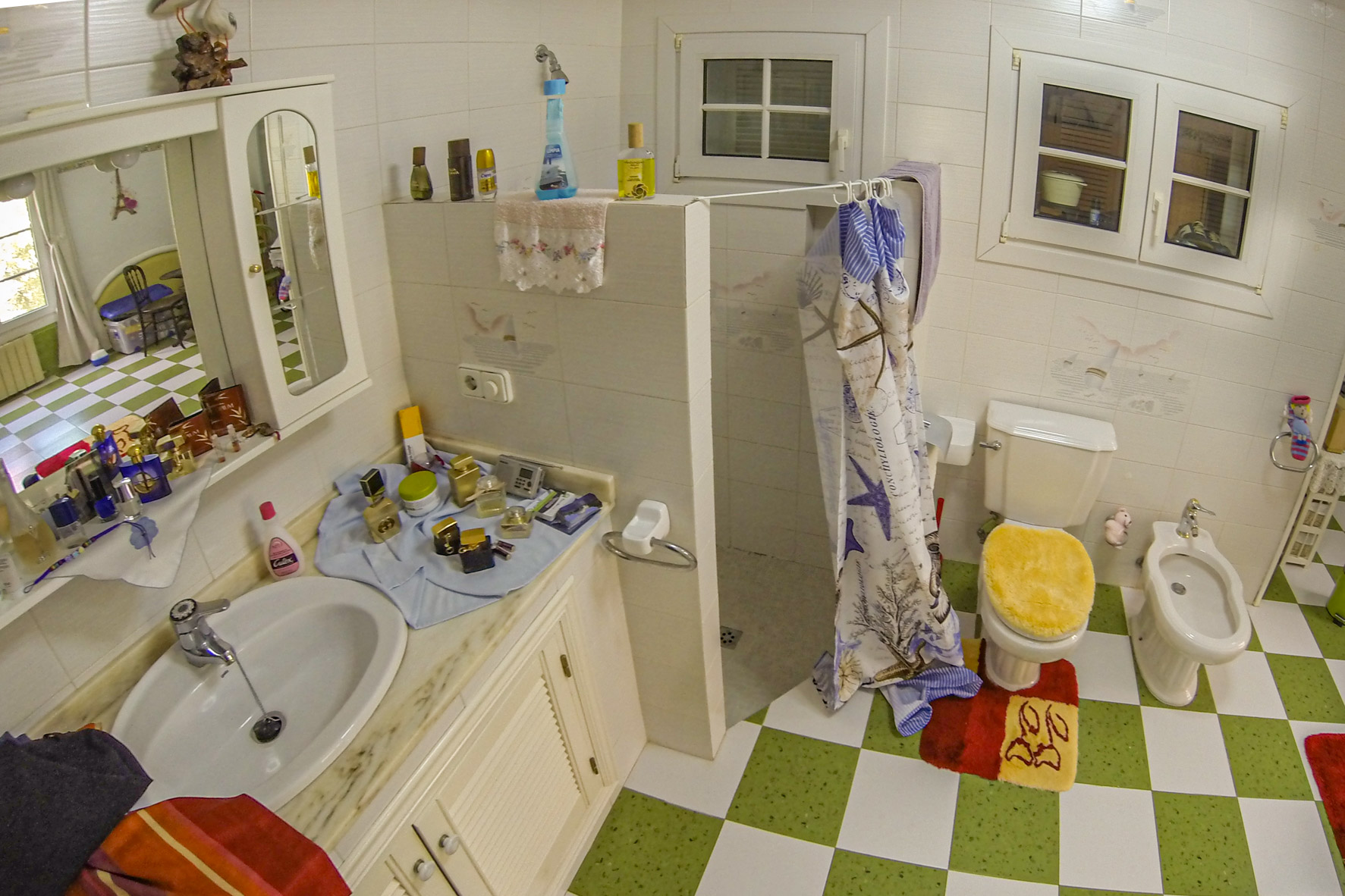 Détail de salle de bain avec lavabo sur comptoir et douche avec rideau à motifs.