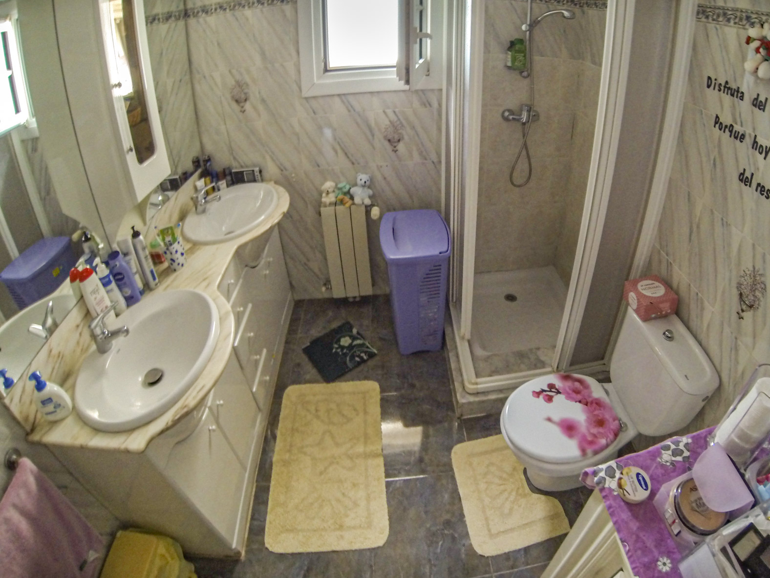 Salle de bain avec double vasque, douche avec paroi et WC avec couvercle décoré.