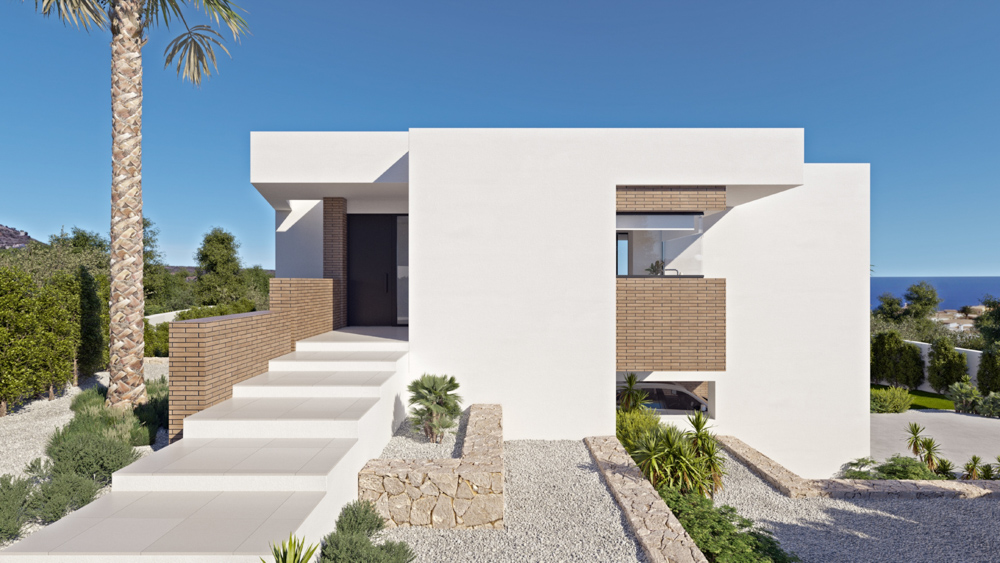 Entrée principale minimaliste avec de larges marches en grès, des accents en briques et des murets en pierre naturelle dans un jardin méditerranéen.