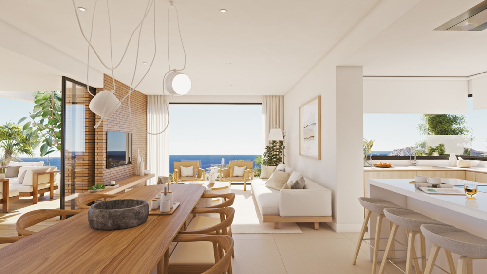 Espace de vie ouvert avec mur en briques, mobilier en bois naturel et grandes baies vitrées offrant une vue panoramique sur la mer Méditerranée.