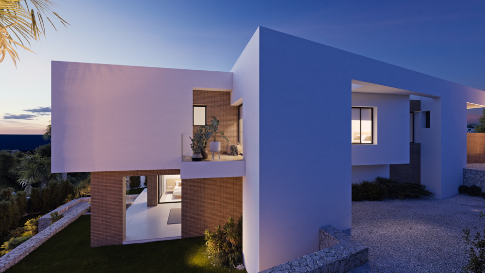 Façade de villa moderne au crépuscule avec volumes blancs épurés, parements en briques, balcons vitrés et éclairage intérieur chaleureux.
