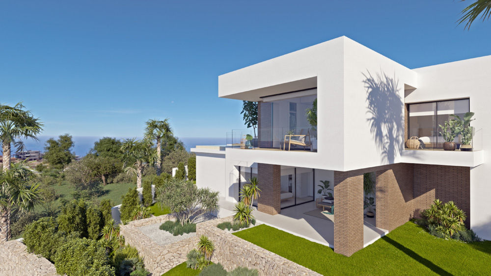 Façade moderne blanche avec piliers en briques, balcons vitrés et jardin paysager agrémenté de murs en pierre naturelle offrant une vue dégagée sur la mer.