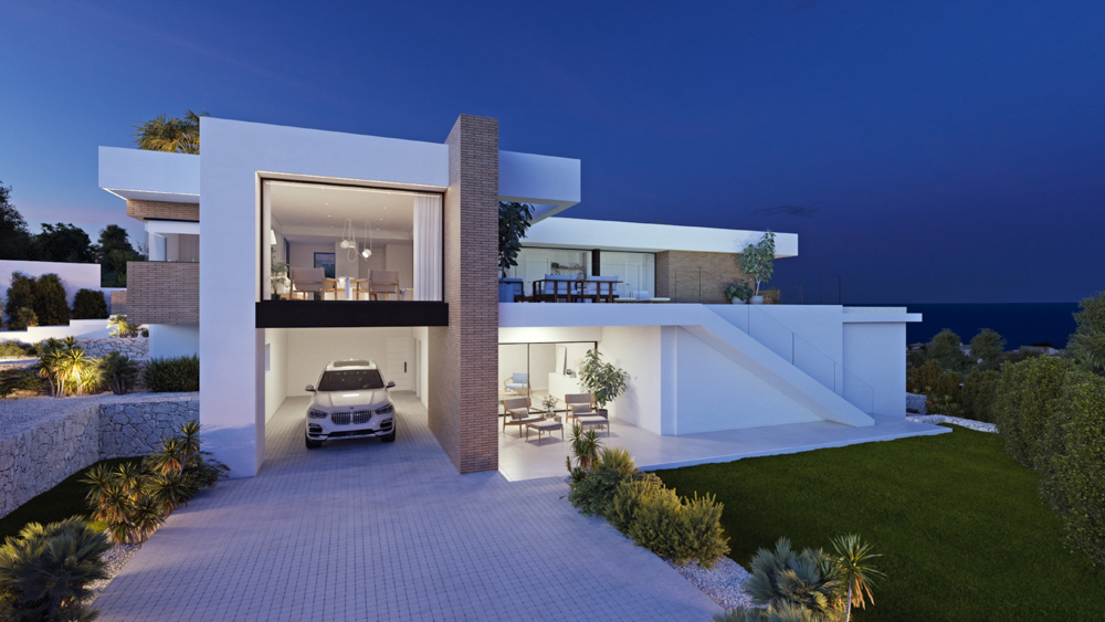 Façade moderne sur deux niveaux avec garage intégré, murs en pierre naturelle et grandes baies vitrées éclairant l'espace de vie supérieur face à la mer.