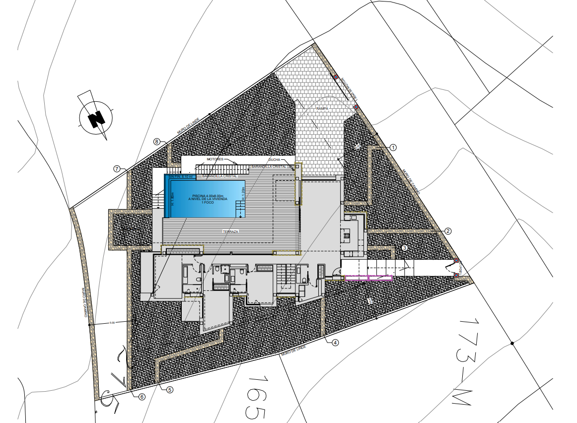Plan technique de la propriété détaillant la distribution du rez-de-chaussée, la piscine à débordement de 32m2 et les zones extérieures avec rampe d'accès.
