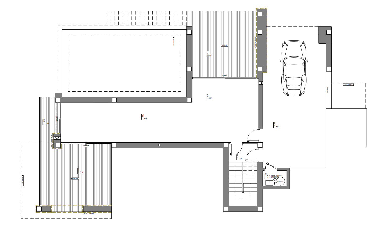 Plan technique du rez-de-chaussée illustrant le garage, une grande pièce polyvalente, l'escalier d'accès et deux porches couverts structurels.