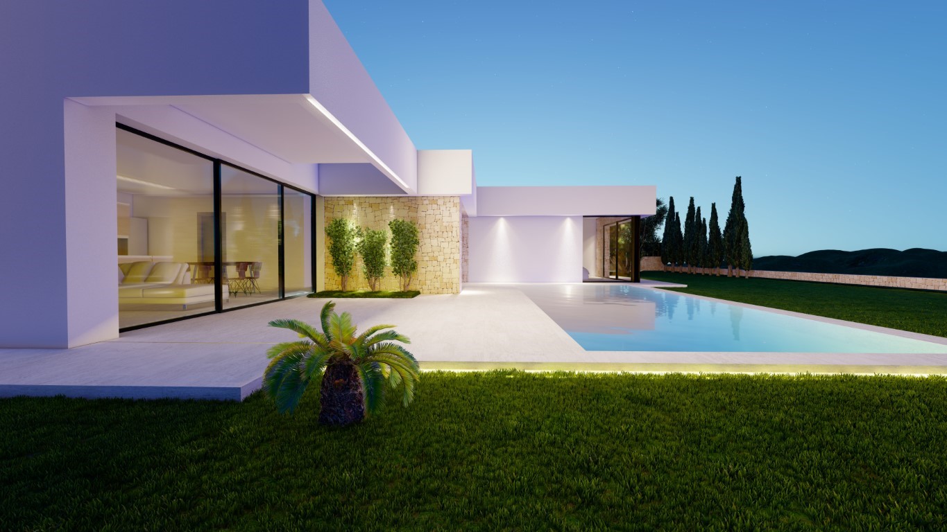 Extérieur de la villa au crépuscule avec piscine, éclairage LED intégré et mur en pierre naturelle. Les grandes baies vitrées offrent une vue sur le salon moderne.
