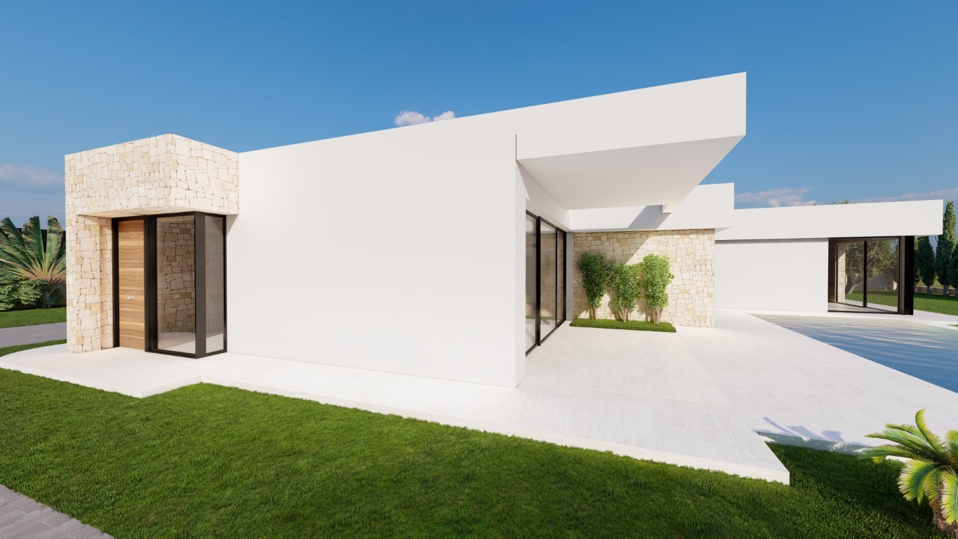Extérieur de villa contemporaine avec murs blancs, finitions en pierre naturelle, porte en bois et vaste terrasse carrelée donnant sur l'espace piscine.