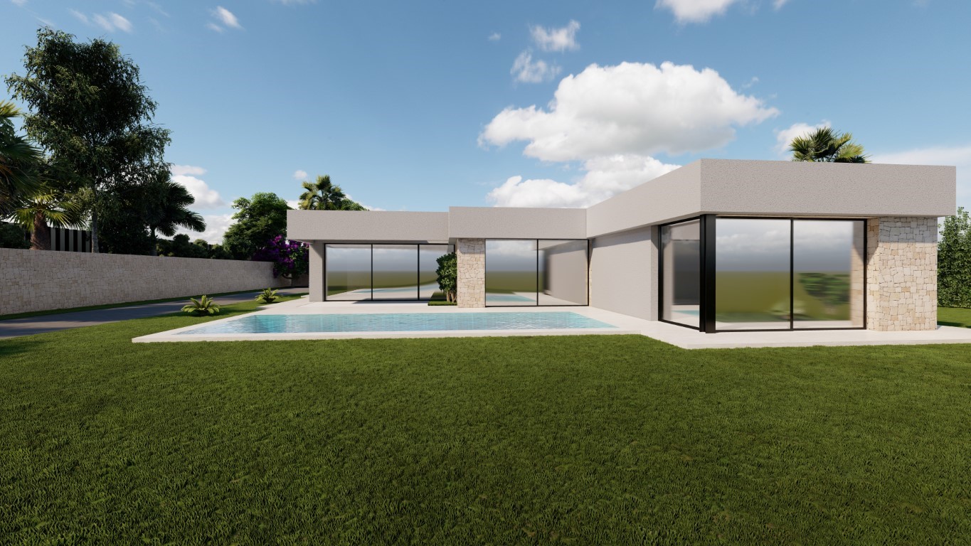 Extérieur de villa moderne avec façades blanches, détails en pierre naturelle, piscine rectangulaire et grandes baies vitrées donnant sur une pelouse soignée.