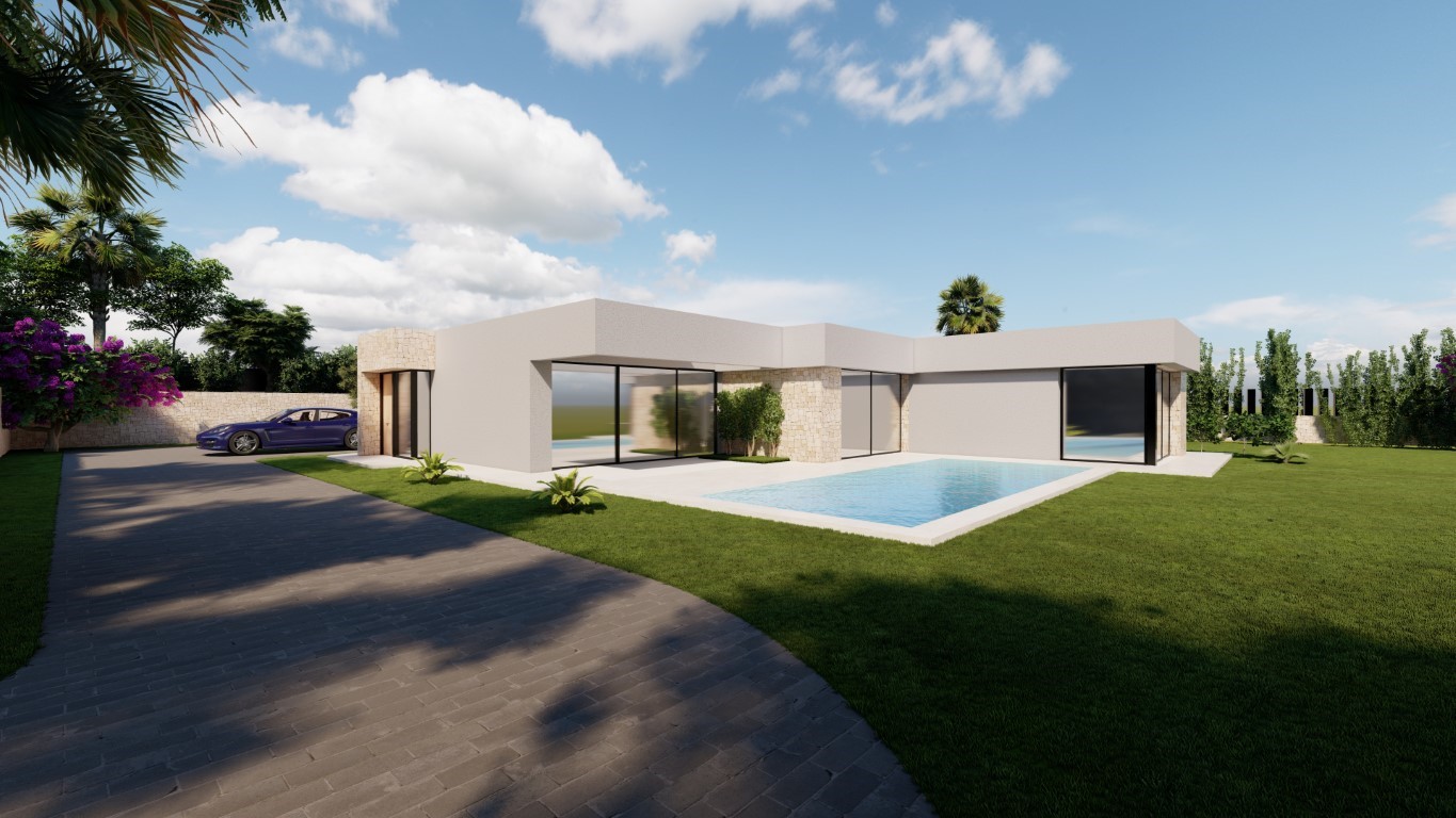 Extérieur d'une villa moderne de plain-pied avec façade en pierre naturelle, piscine rectangulaire et grandes baies vitrées ouvrant sur un jardin paysager.