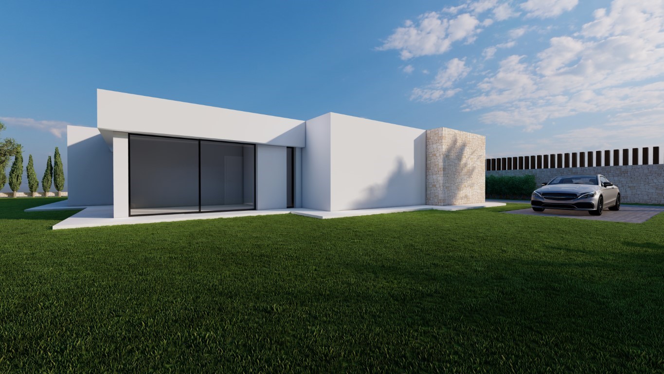 Façade minimaliste avec de larges baies vitrées, un pan de mur en pierre naturelle et un espace de stationnement privé sur une vaste pelouse.