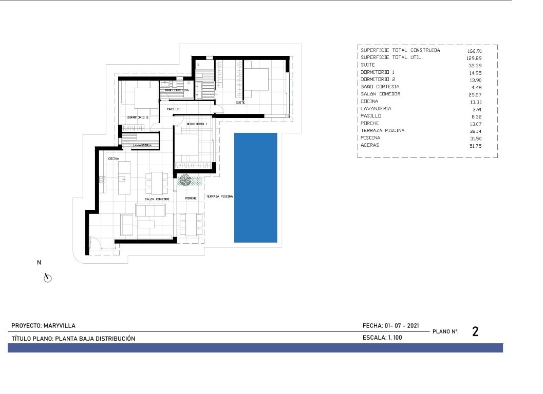 Plan technique de distribution du rez-de-chaussée illustrant l'agencement des trois chambres, de l'espace vie ouvert et de la terrasse avec piscine.
