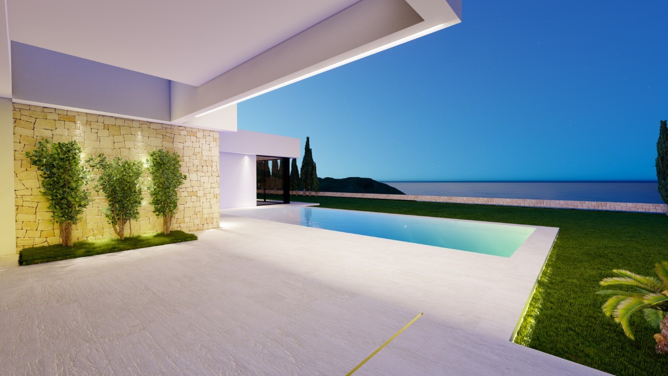 Terrasse moderne avec piscine rectangulaire éclairée, mur en pierre naturelle et vue dégagée sur la mer sous un ciel étoilé nocturne.