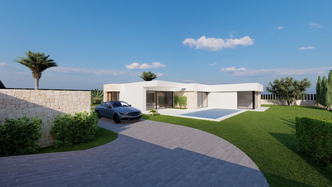 Vue extérieure de la villa moderne de plain-pied avec façades blanches, accents en pierre naturelle, piscine privée et allée pavée intégrée au jardin.