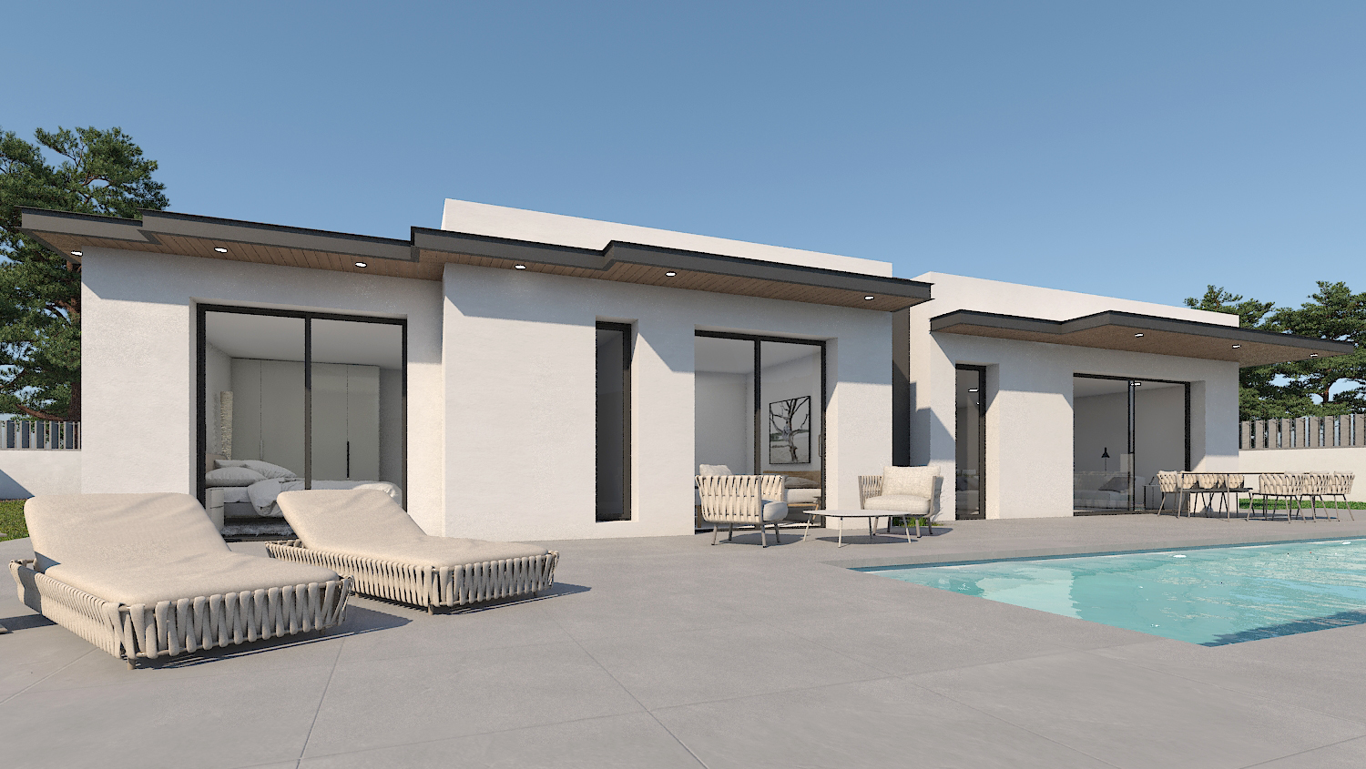 Façade moderne de plain-pied avec grandes baies vitrées, terrasse en grès cérame gris et piscine intégrée. Éclairage encastré sous les débords de toiture.